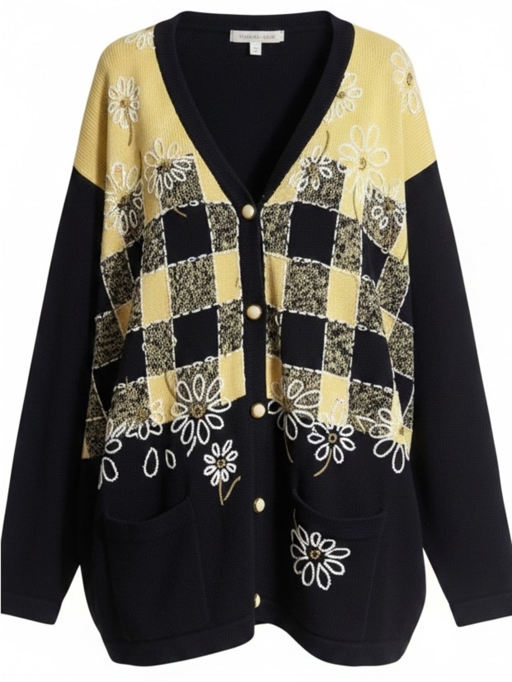 Vintage Floral Embroidered Checkered Knit Cardigan Sweater - Size XL / 1X